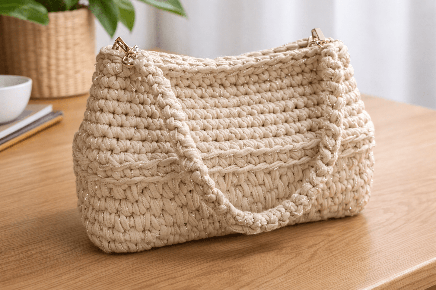 Cartera Mediana Tejida a Mano en Trapillo Elasticado con Brillo - LaOtraPrenda.cl - Cartera de mano