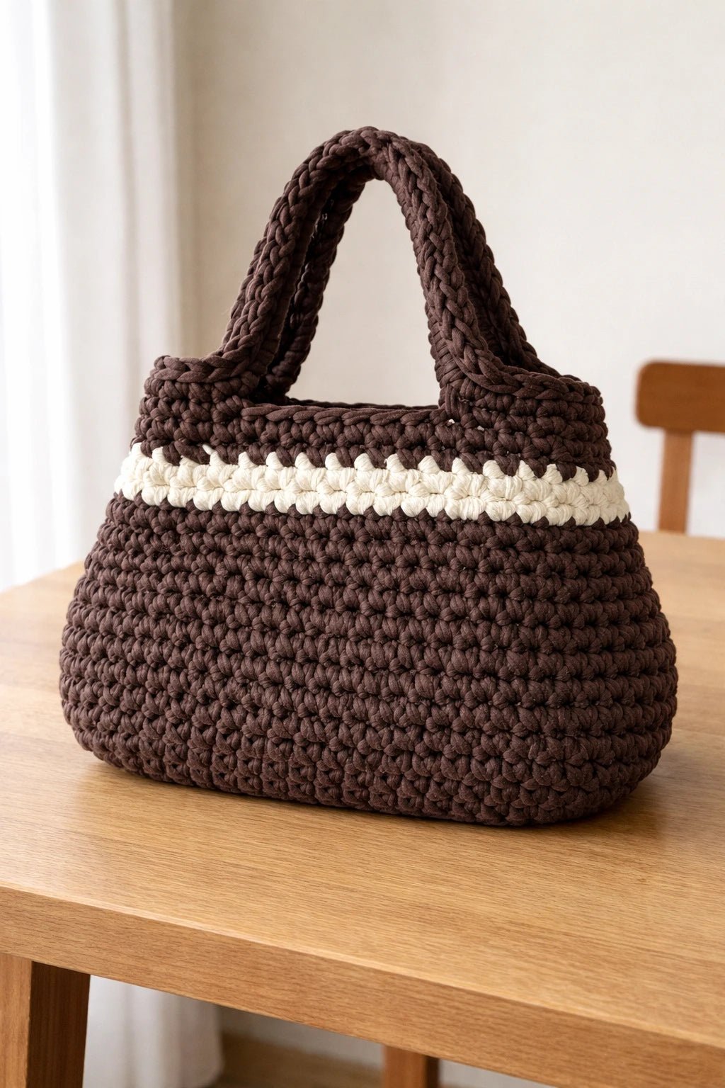 Cartera tejida a mano en trapillo Café moro & blanco - LaOtraPrenda.cl - Cartera de mano