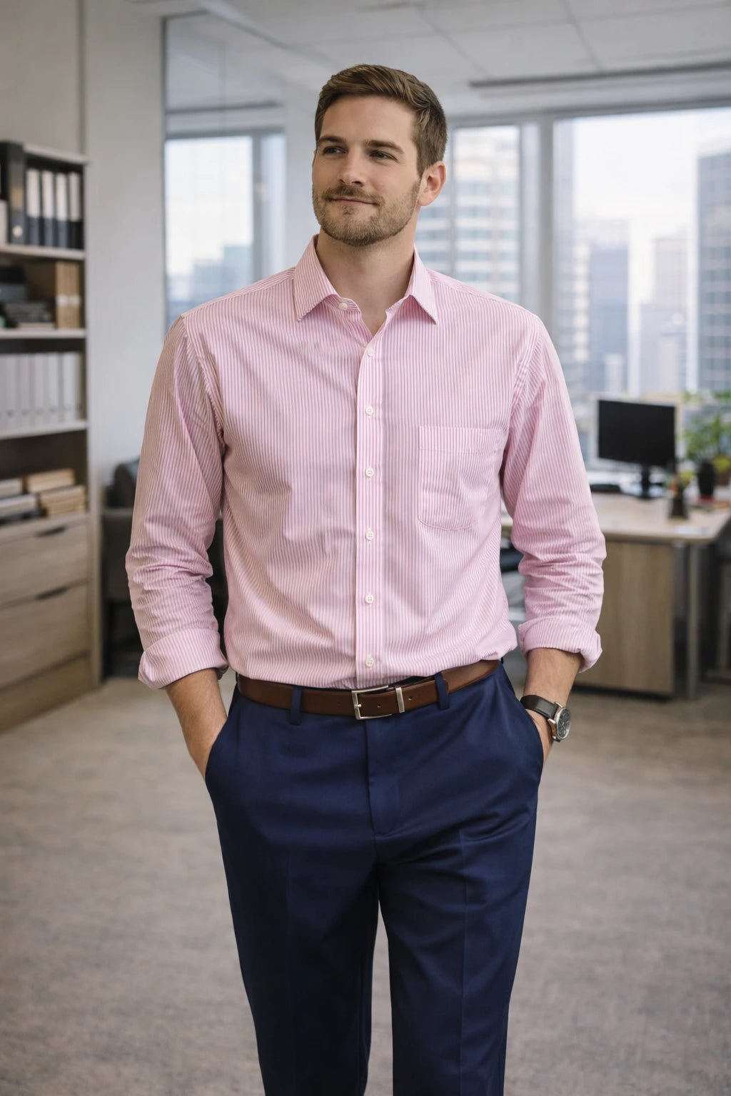 Camisa Hombre de Sastrería Rosada con Rayas Blancas - LaOtraPrenda.cl - Camisa
