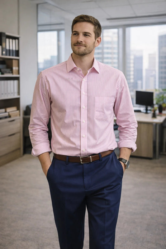 Camisa Hombre de Sastrería Rosada con Rayas Blancas - LaOtraPrenda.cl - Camisa