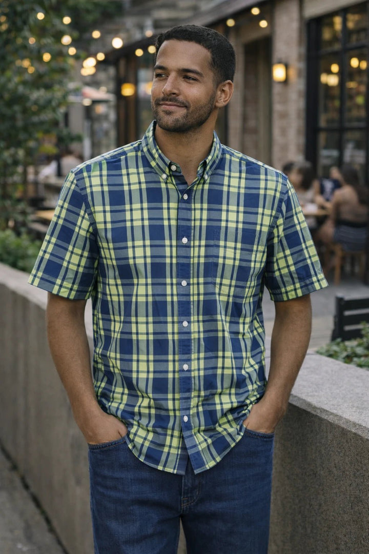 Camisa Nautica Hombre Manga Corta Cuadros Verde y Azul - LaOtraPrenda.cl - Camisa
